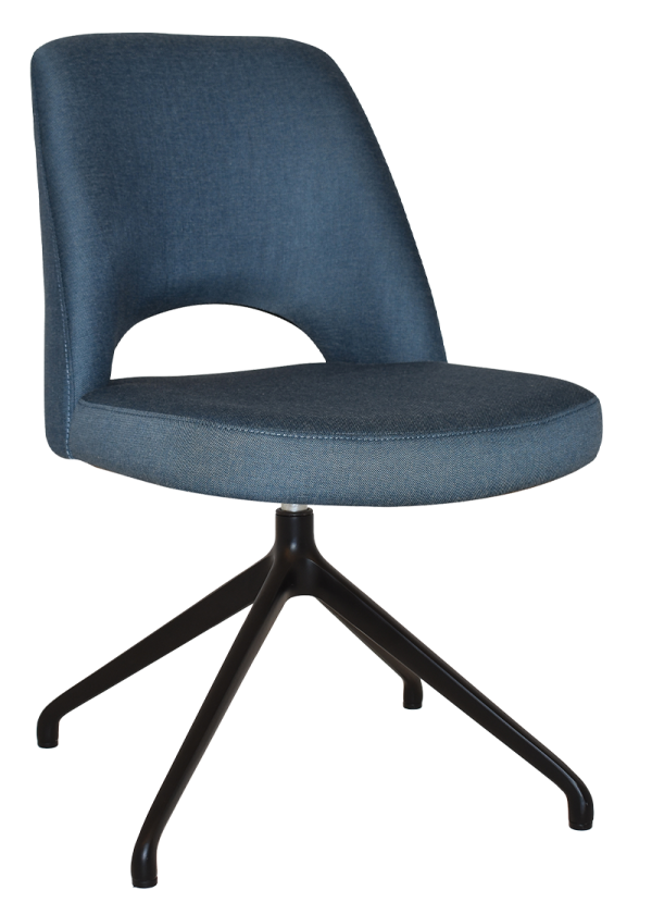 The Albury Trestle Chair is a modern, dark blue upholstered seat with a curved backrest featuring an open lower section. It includes a cushioned seat and stands on a four-legged, black metal base that angles outward for added stability.
