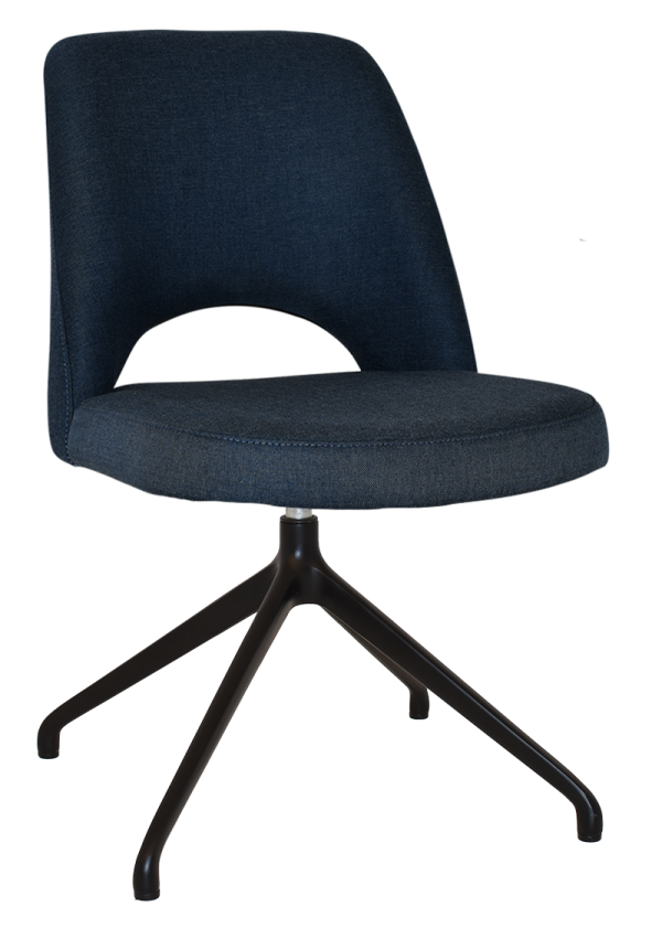Introducing the Albury Trestle Chair – a modern office chair with a dark blue upholstered seat and backrest. It features an armless design, a curved back with an open lower section, and rests on a black, four-legged metal base.