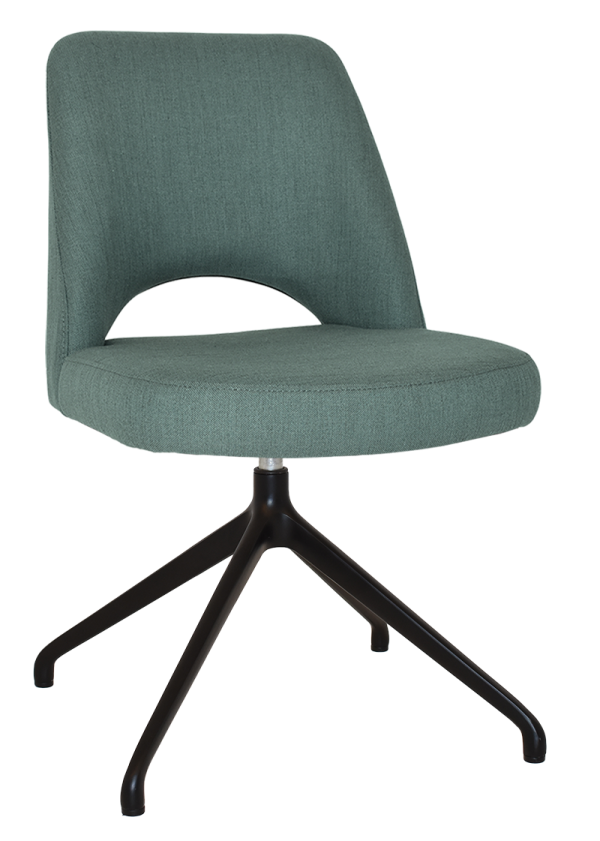 The Albury Trestle Chair is a sleek and minimalist modern office chair with a green cushioned seat and backrest. It features a small open space at the lower back area and has a black, four-legged metal base.