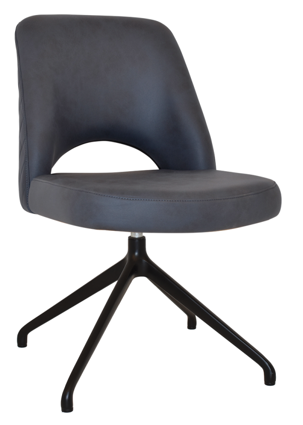 The Albury Trestle Chair is a modern swivel chair featuring black faux leather upholstery and a seamless, curved backrest. It boasts a round cushioned seat mounted on a sleek, black metal base with four angled legs for stability.