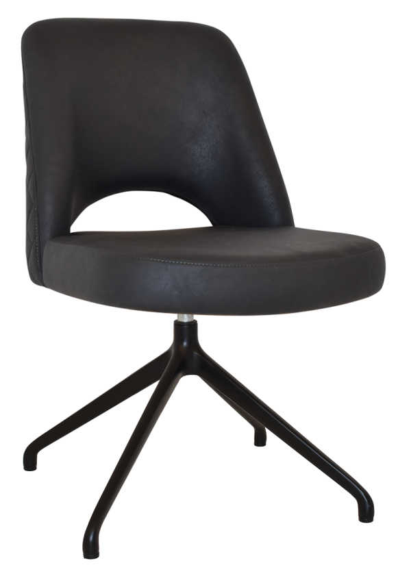 The Albury Trestle Chair is a modern, black leather chair with a cushioned seat and backrest featuring an open lower back design. It boasts a sleek, four-legged metal base with a matte finish, offering both stability and style. The chair's minimalist and contemporary design adds a sophisticated touch to any space.