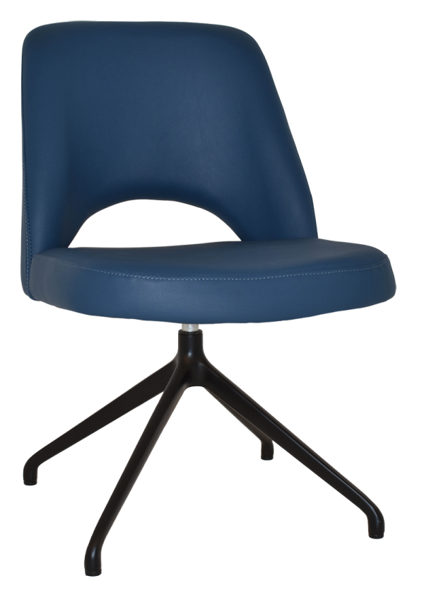 The Albury Trestle Chair is a modern office chair featuring a blue cushioned seat and backrest. It boasts a minimalist design with an open lower back and stands on a sturdy black, four-legged base.