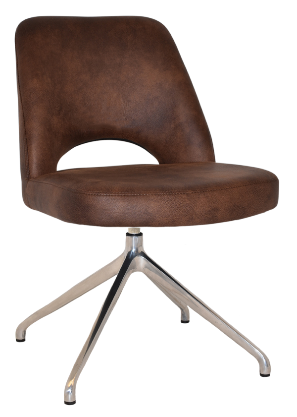Introducing the Albury Trestle Chair: a luxurious brown leather chair featuring a curved backrest with an open space beneath it and a plush cushioned seat. It stands firmly on a metallic swivel base supported by four legs.