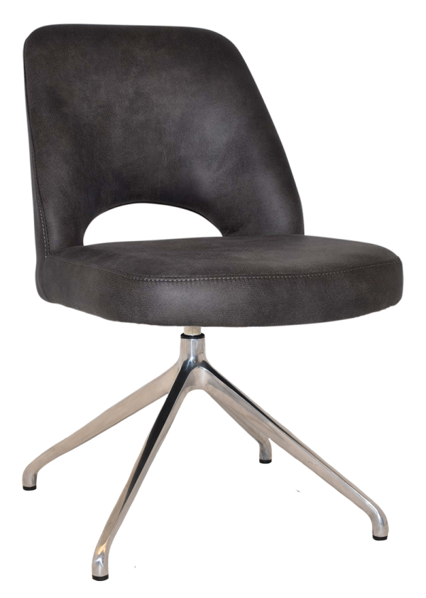 The Albury Trestle Chair is an office chair featuring a black cushioned seat and backrest. It showcases a mid-century modern design with an open lower back and four metal legs extending from a central base. The legs have a silver finish with black tips.