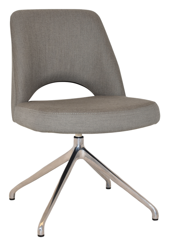 The Albury Trestle Chair is a modern gray office chair featuring a curved backrest with a cut-out section near the base. It has a cushioned seat and sits on a silver metal four-point base with wheels.