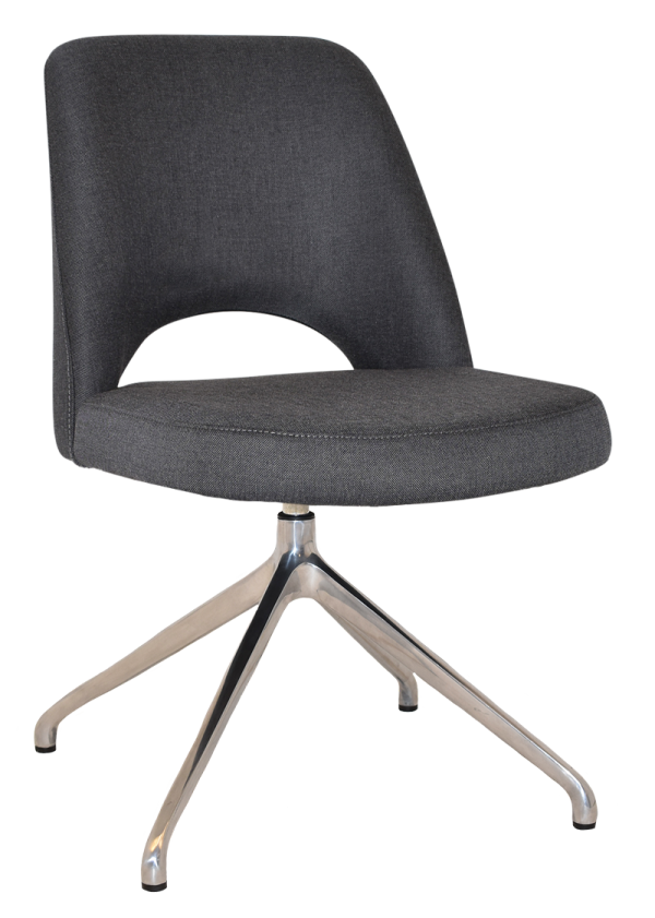 The Albury Trestle Chair is a modern office chair with a curved, dark gray upholstered seat and backrest. It features a cut-out design between the seat and back, supported by a sleek silver, four-legged metal base on casters, giving it an overall contemporary look.