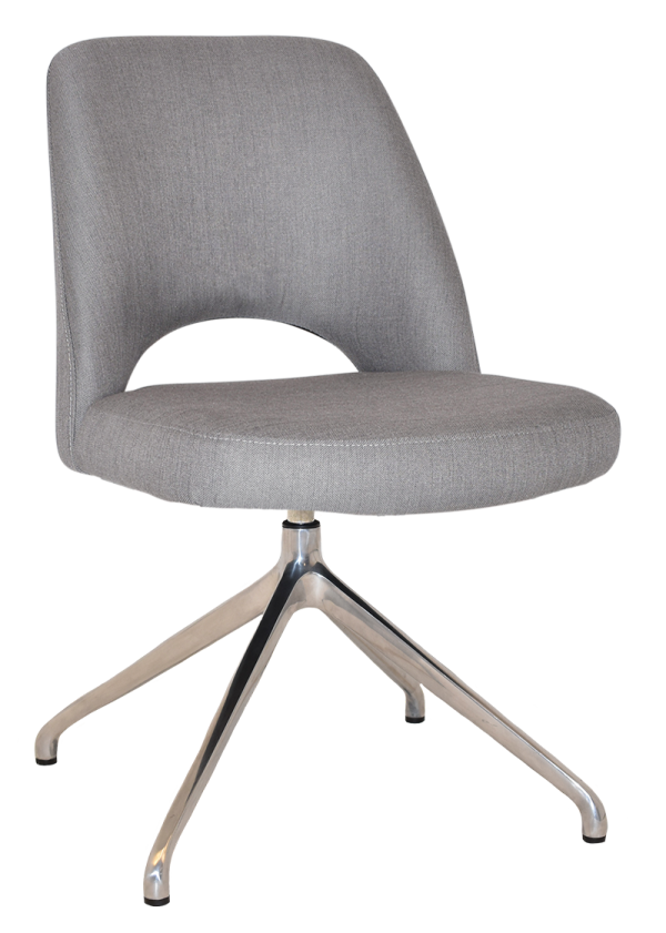Image of the Albury Trestle Chair, a modern, grey upholstered swivel chair with a curved backrest and four metal legs arranged in a star shape. The chair boasts a sleek and minimalist design that is perfect for an office or home workspace.