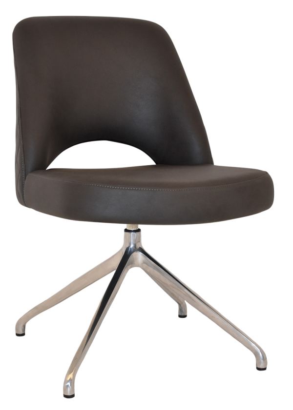 The Albury Trestle Chair is a modern office chair with a black cushioned seat and backrest featuring a curved design. It has a silver metal base with four angled legs and no visible armrests, offering a sleek and minimalist overall design.