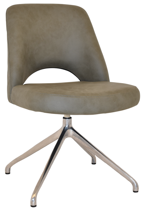 The Albury Trestle Chair is a modern seating option featuring a light brown, cushioned seat and backrest. It boasts a sleek, minimalist design with an arched cutout on the backrest and is supported by a four-pointed metal base. Its contemporary style makes it ideal for both office and home decor.
