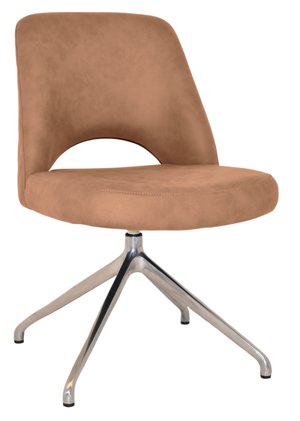 The Albury Trestle Chair showcases a modern design with its curved, open-back style and brown, suede-like upholstered seat and backrest. It stands firmly on a sturdy metal four-legged base that boasts a sleek and polished finish.