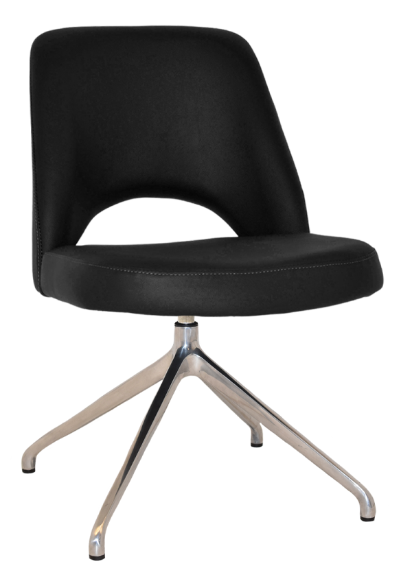 Introducing the Albury Trestle Chair, a modern black swivel chair featuring a cushioned seat and backrest. It boasts a sleek design with a cut-out lower back and is supported by a silver metallic base with four legs.