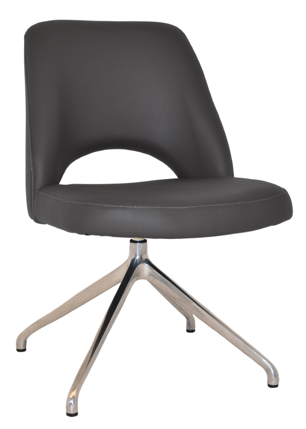 The Albury Trestle Chair is a sleek and modern office chair featuring a black padded seat and backrest. It boasts a unique open-back design and rests on a silver, four-legged metal base equipped with wheels. The minimalist design exudes contemporary style and comfort.