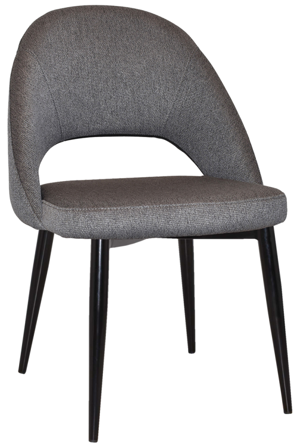 The Chevron Metal Leg Chair is a modern, gray upholstered chair featuring a curved backrest and an open lower back section, complemented by four black, slightly tapered legs.