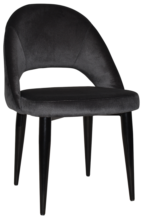 A modern, armless dining chair with black tapered legs and a curved backrest. The chair is upholstered in a sleek, dark grey fabric.