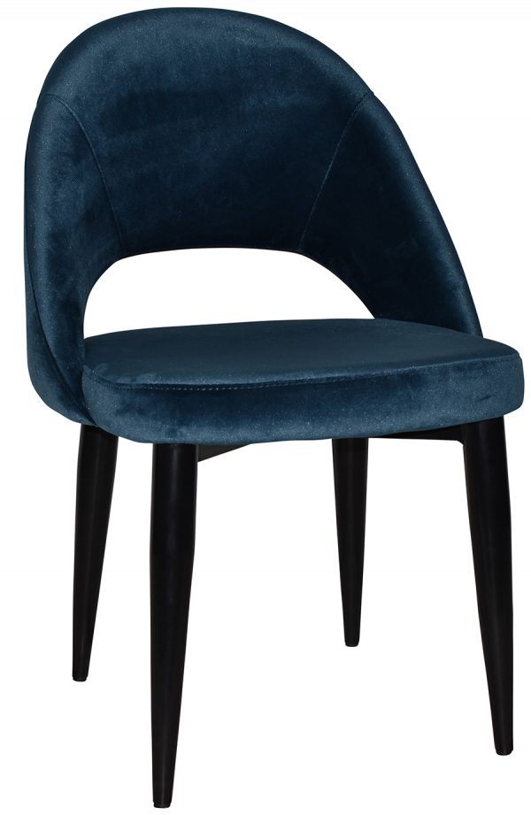 A modern dining chair with black tapered wooden legs and a cushioned seat upholstered in dark blue velvet. The chair's backrest curves to form a sleek and elegant silhouette.