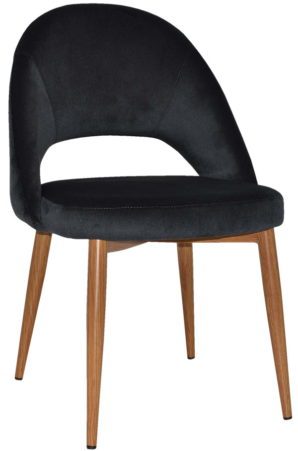 Introducing the Chevron Metal Leg Chair: a stylish seating option with a curved black upholstered backrest and seat. It features four sleek metal legs with a natural finish, offering a contemporary and polished aesthetic.