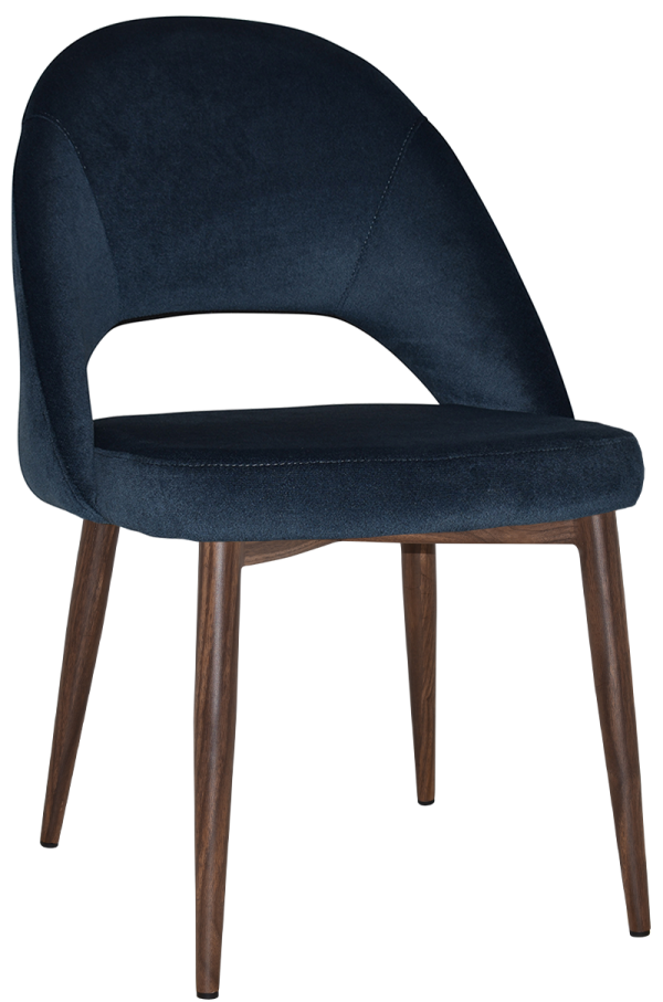 The Chevron Metal Leg Chair boasts a modern design with a navy blue upholstered seat, curved backrest, and unique cutout feature. Its four wooden legs with a natural finish enhance its sleek and contemporary appearance.