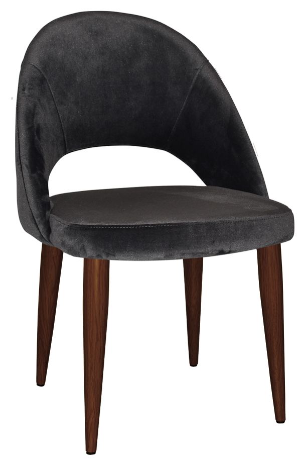 A modern chair with a dark grey velvet upholstered seat and backrest. The backrest is curved, creating an open space behind the seat. The chair has four tapered wooden legs in a dark brown finish.