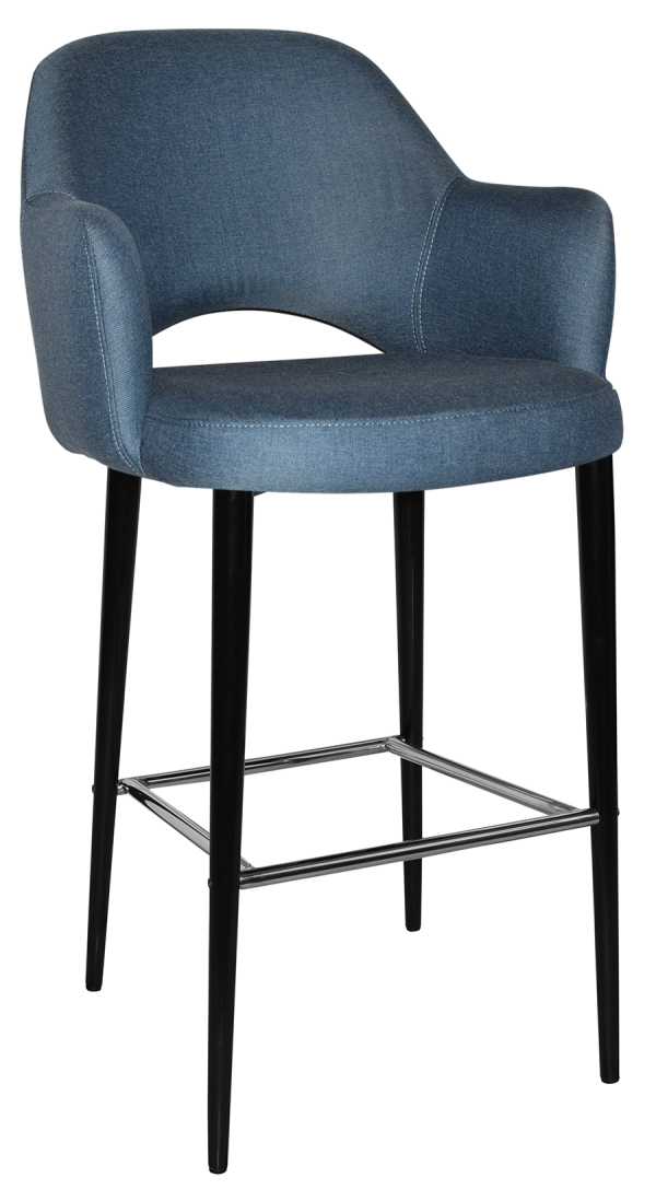 A modern high stool featuring a blue upholstered seat with curved backrest and armrests. The stool has sleek black legs with a metal footrest connecting them. The overall design is contemporary and stylish, suitable for a bar or kitchen counter.