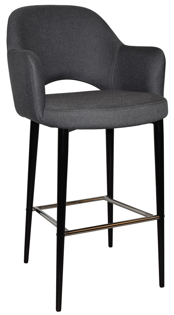 A modern gray bar stool with a curved backrest, upholstered seat, and armrests. The stool features black tapered legs connected by a metal footrest.