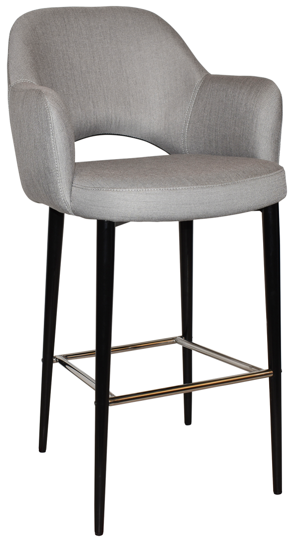 A modern bar stool with a light gray upholstered seat and backrest. The stool features black legs with a chrome-finished footrest. The backrest and arms are gently curved for added comfort.