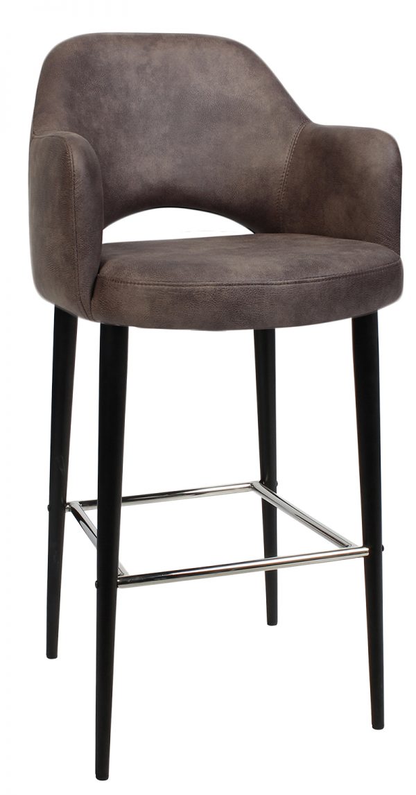 A modern bar stool with brown upholstered cushioning, a curved backrest, and armrests. The stool features four slender, black legs with a metal footrest connecting the front legs.