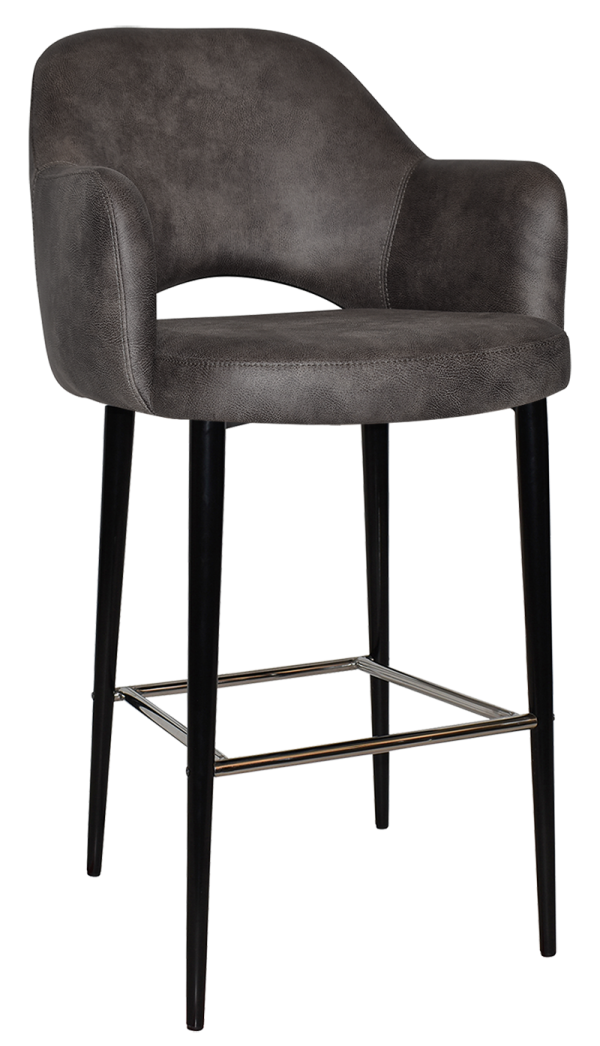 A modern bar stool with a grey cushioned seat and backrest, supported by four slender black legs. The chair has a footrest made of metal connecting the legs, and the armrests are slightly curved.