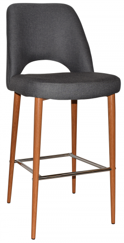 A sleek, modern bar stool featuring a dark gray upholstered seat with a curved backrest. The stool has four tapered wooden legs connected by a metal footrest. The design showcases a minimalist, contemporary style.