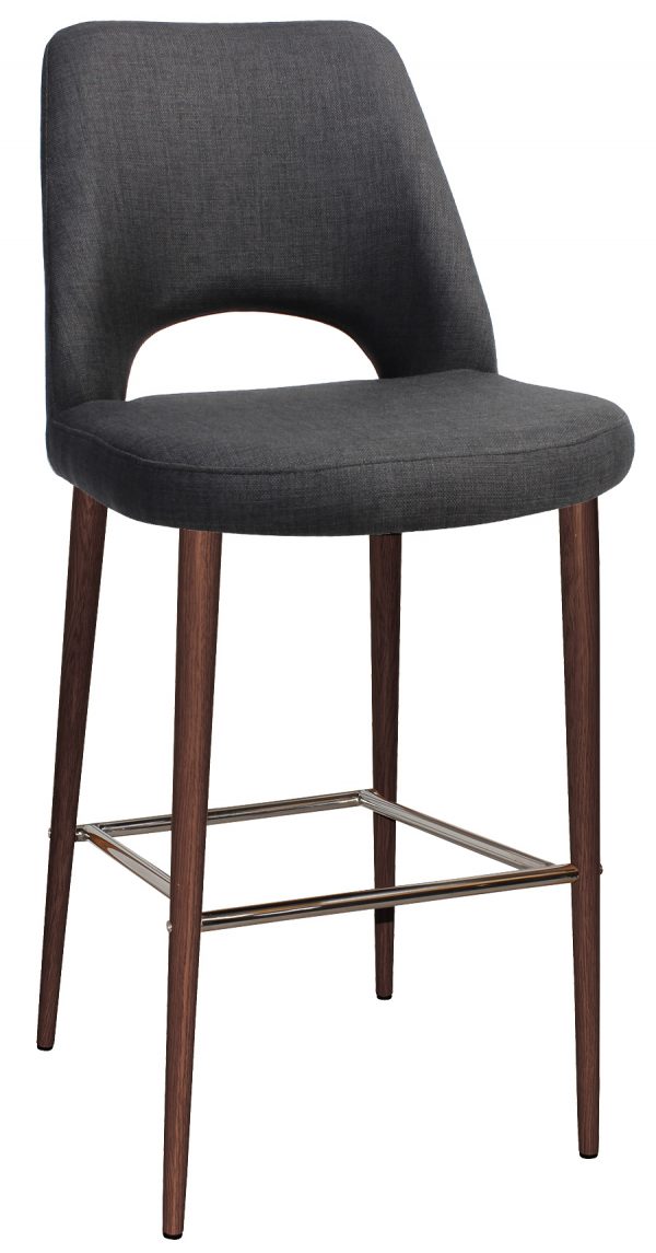 A modern barstool with a dark grey upholstered seat and backrest. The chair features walnut-finished wooden legs and a metal footrest. The backrest has a low cut-out design, creating a sleek, contemporary look.