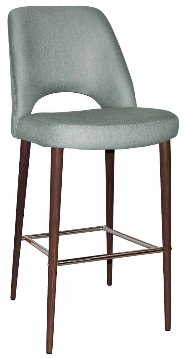 A modern bar stool with a light green upholstered seat and backrest. The stool features four dark wooden legs, each connected by metal crossbars at the bottom for added support and stability. The design combines contemporary and classic elements.