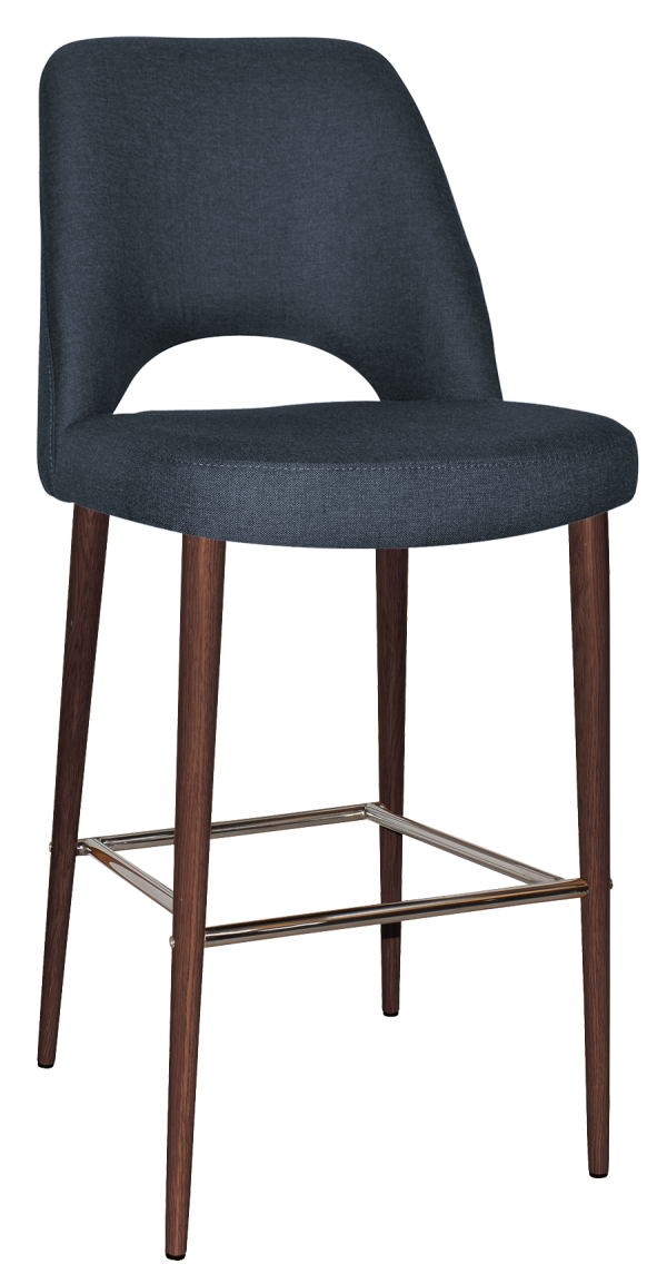 A modern bar stool with a dark gray cushioned seat and backrest. It features wooden legs in a rich brown finish, connected by a metallic footrest. The backrest has an open lower section, giving it a contemporary design.