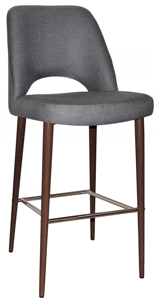 A modern bar stool with a grey upholstered seat and backrest. The chair has four wooden legs and a metallic footrest connecting the legs at the bottom. The backrest features a subtle curve, adding to its contemporary design.