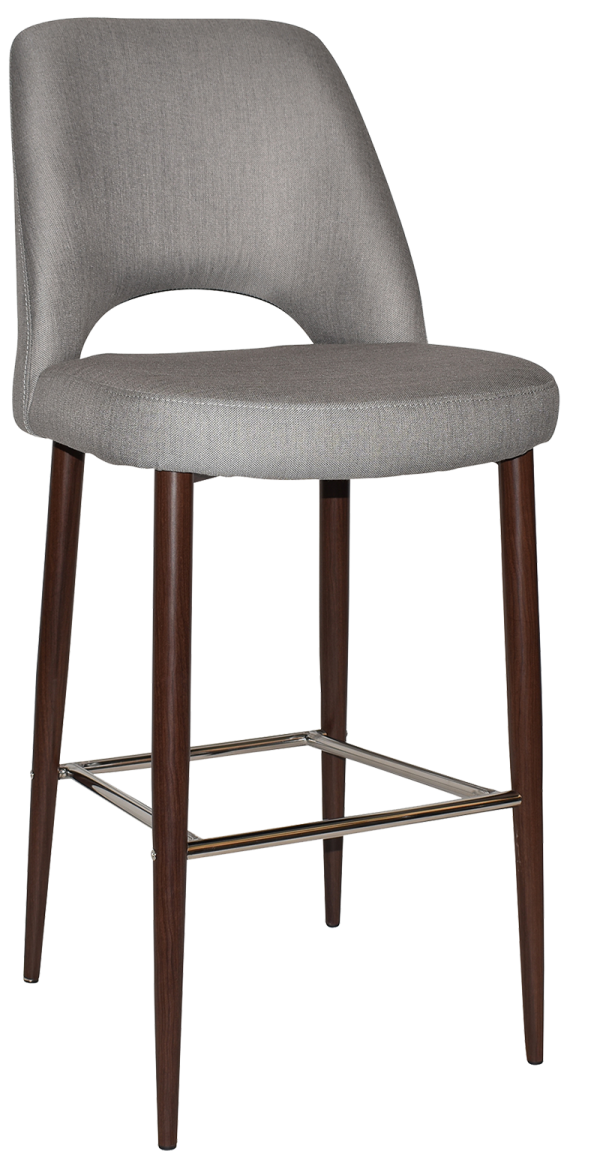 A modern bar stool with a curved backrest and grey upholstered seat. It has four slender wooden legs with a dark finish, connected by metal footrests. The design is sleek and minimalist, suitable for contemporary interiors.