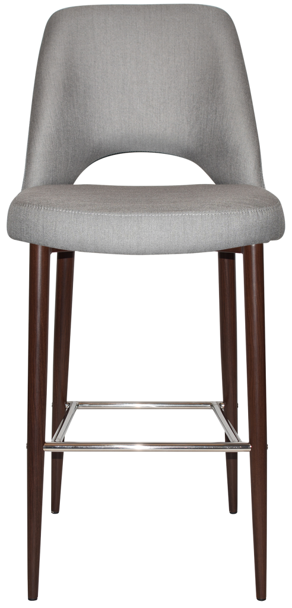 A modern bar stool with a grey upholstered seat and backrest. The stool has dark wooden legs and is equipped with a chrome footrest, providing both comfort and style. The design is minimalist and elegant, suitable for contemporary interiors.