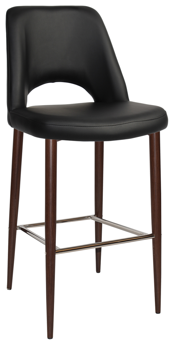 A modern bar stool with a black cushioned seat and backrest. The stool has four wooden legs with a dark brown finish, connected by metal footrests. The backrest is curved with an open lower back design.