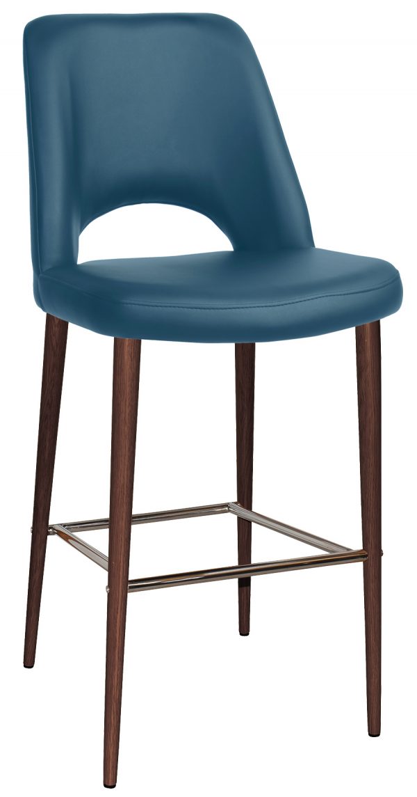 A modern bar stool featuring a teal upholstered seat and backrest with a cutout design. It is supported by four dark wooden legs connected by golden metal footrests, combining a sleek and contemporary style with functional support.