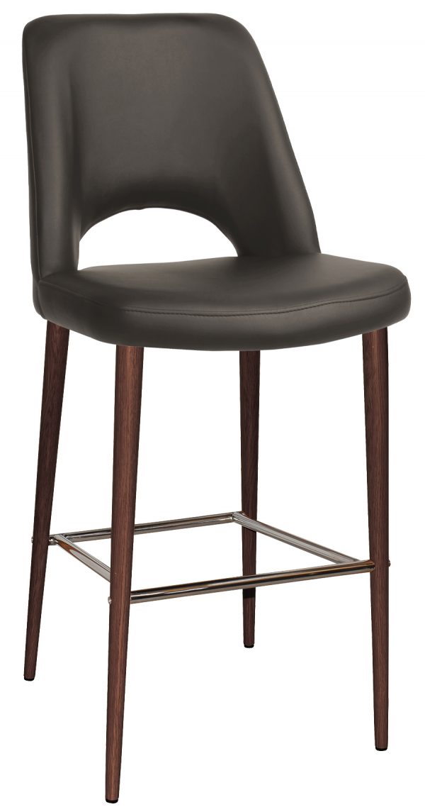 A modern barstool with a black upholstered seat and backrest. The backrest features a small opening near the bottom. The stool has four wooden legs with a metal footrest connecting them and providing additional support.