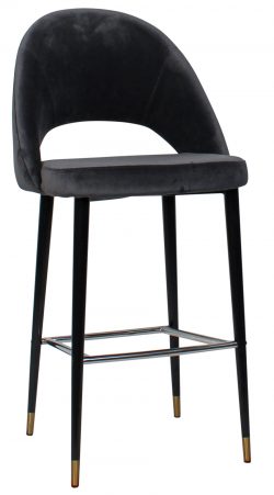 A sleek, modern bar stool with a black, velvet-upholstered seat and backrest. It features slim, black metal legs with gold-tipped ends and a chrome-finish footrest. The backrest is curved, providing ergonomic support.