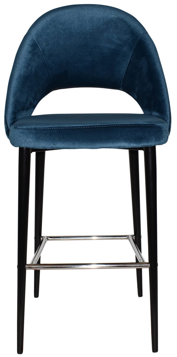 A modern bar stool with a blue velvet-covered curved backrest and seat cushion. It features slim, black legs with a metal crossbar for added stability and foot support. The design is sleek and contemporary, suitable for a stylish kitchen or bar area.