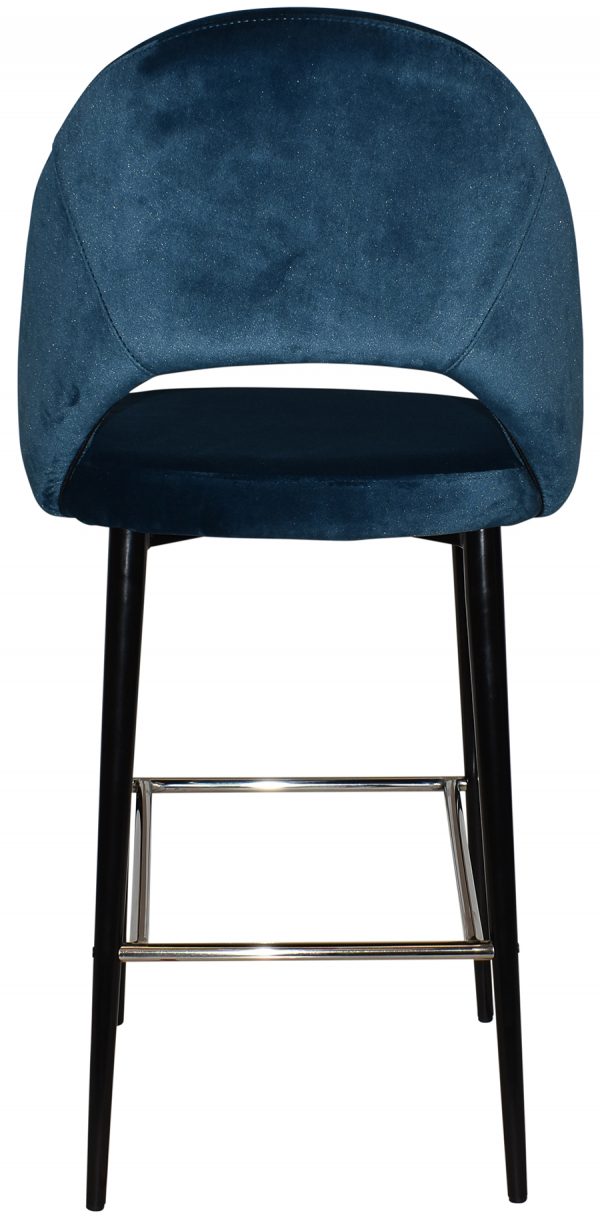 A modern bar stool with a blue upholstered, rounded backrest and seat. The stool has sleek black legs with a chrome footrest connecting the front two legs. The design is minimalist and contemporary.