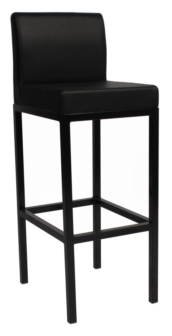 A black barstool with a cushioned seat and backrest. The stool has a sleek, modern design with straight legs and a footrest, all finished in a matching black color. The minimalist style suggests it would suit contemporary interiors.