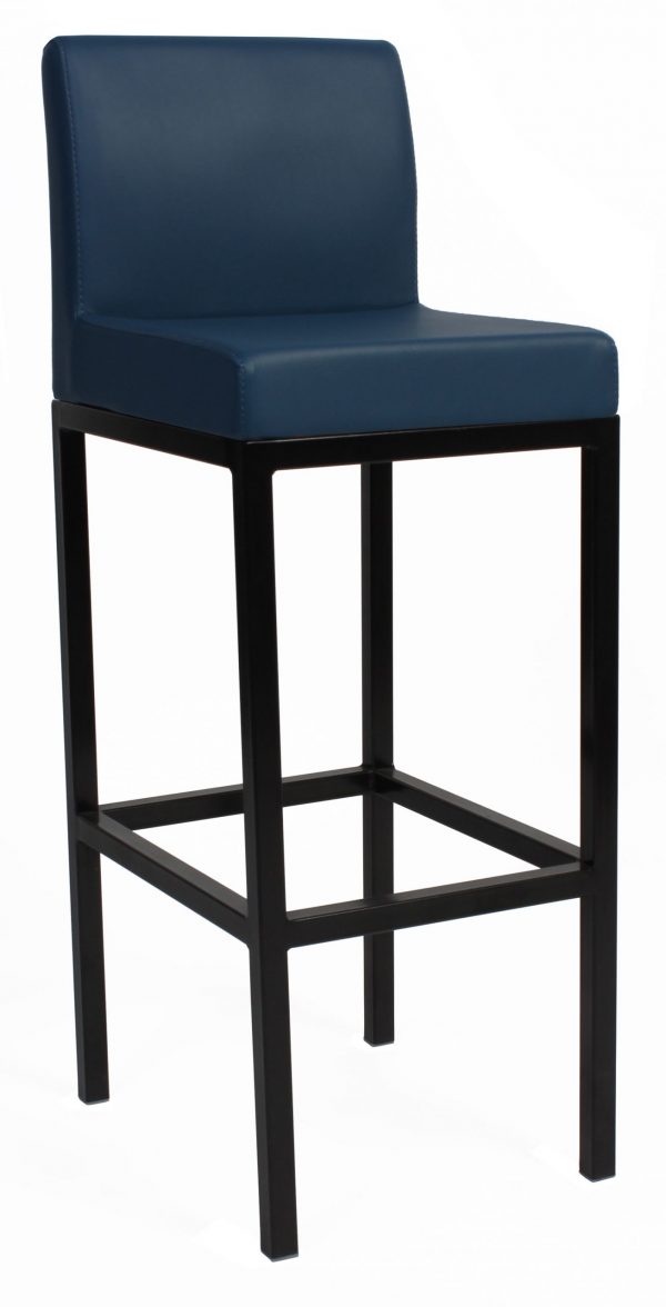 A modern high-back bar stool with a padded blue seat and backrest. The stool features a sleek black metal frame and four slender legs, interconnected with footrests for added stability. The overall design is minimalist and contemporary.