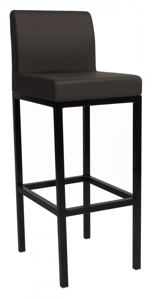 A sleek, modern bar stool with a black square seat and minimalistic design. The stool has a backrest and a sturdy black metal frame with a footrest. The upholstery appears to be synthetic leather, providing a contemporary look.