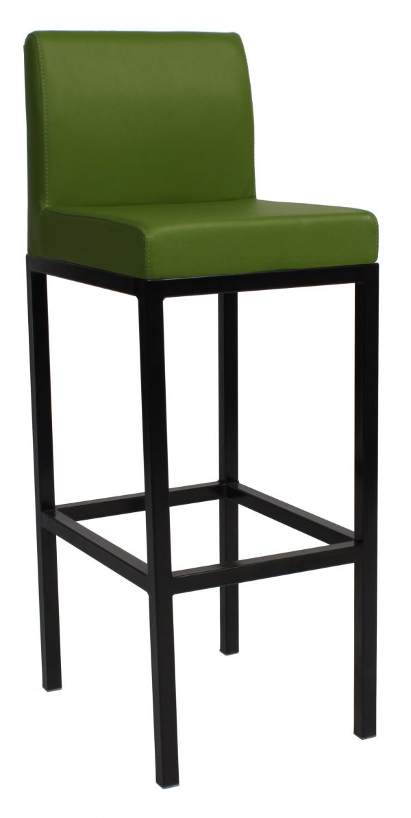 A tall bar stool with a green upholstered seat and backrest. It has a sleek, black metal frame with four legs, a footrest, and a simple, modern design.