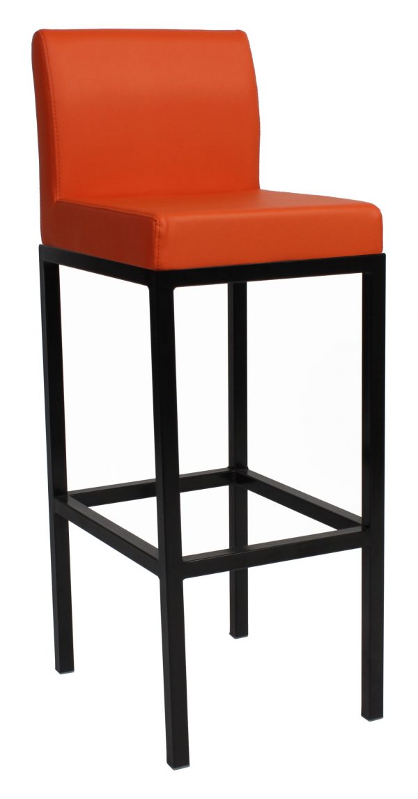 A tall bar stool with an orange cushioned seat and backrest. The frame and legs are made of black metal, giving it a modern and sleek appearance. The stool has a simple, minimalist design suitable for kitchen counters or high tables.