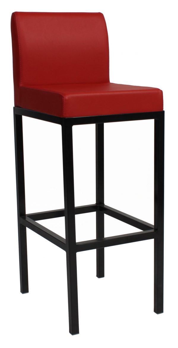 A modern bar stool with a red cushioned seat and backrest. The stool has a black metal frame and four legs with horizontal supports. The design is minimalist and contemporary.