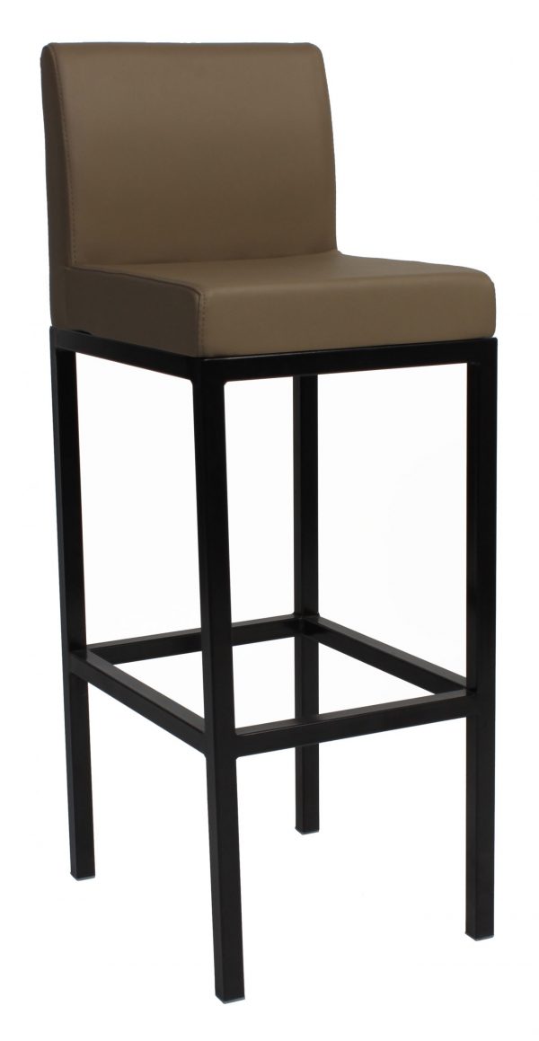 A modern bar stool with a brown, cushioned seat and backrest. The stool features a minimalist design with a high, black metal frame and four legs connected by footrests on all sides for added stability.