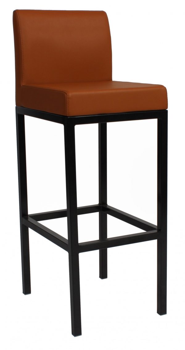 A modern bar stool featuring a tall, black metal frame with four straight legs, connected by horizontal support bars. The seat and backrest are upholstered in a smooth, brown leather material. The design is sleek and minimalist.