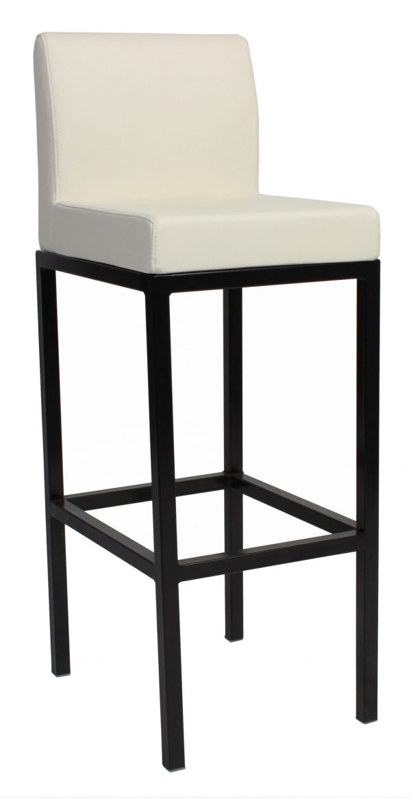 A tall bar stool with a sleek, black metal frame and a square seat. The seat and backrest are upholstered in white faux leather, providing a modern and minimalist design. The stool has four legs connected by support bars near the base.