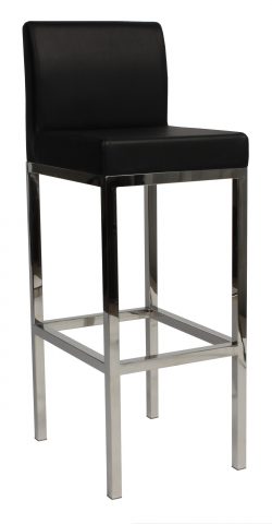 A modern bar stool with a black cushioned seat and backrest. The stool has a sleek chrome frame with four legs, each connected by horizontal support bars. The design is minimalist and contemporary, featuring clean lines and a polished finish.
